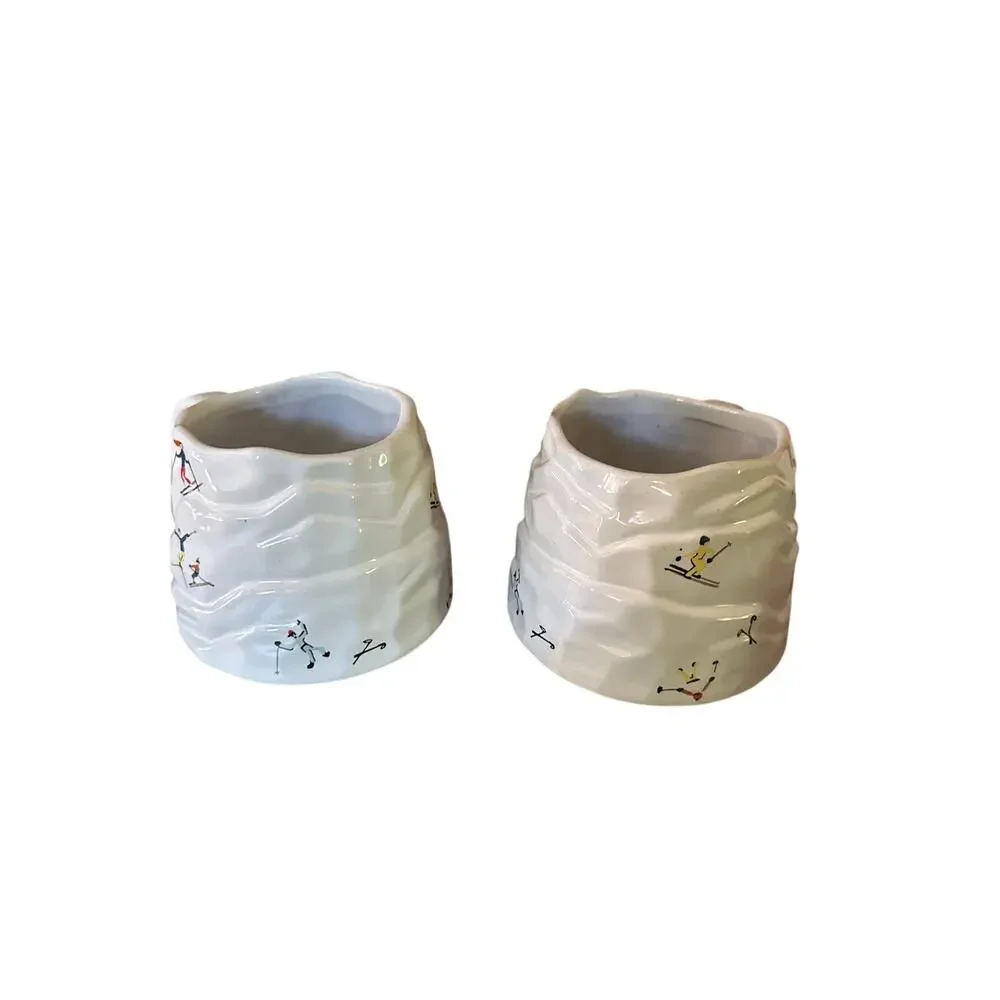 Set Pair 2 West Elm St. Jude Holiday Skiers Stoneware Figural Mug Ceramic Cups
